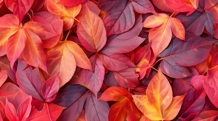 A close-up of red and orange leaves scattered on the ground.