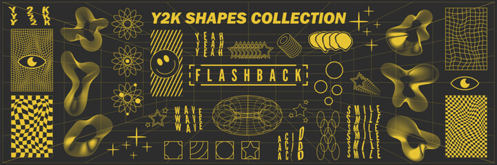 Abstract geometry hud wireframe shapes and patterns, cyberpunk elements, icon s and perspective grid s. Surreal geometric signs. Rave psychedelic futuristic Y2k acid aesthetic set. Vector illustration