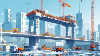 Obraz premium Construction of a Bridge Over a Winter Cityscape