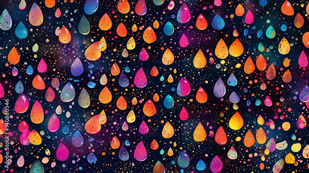 Poster seamless pattern with colorful, shiny raindrops on a dark galaxy background