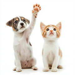 An adorable puppy with one paw raised sitting next to a curious orange-white kitten looking upwards. Both animals' expressions are heart-melting against the white backdrop.