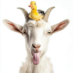A humorous image of a white goat with its tongue out, showing a small yellow duckling perched atop its head, creating a playful and whimsical scene.
