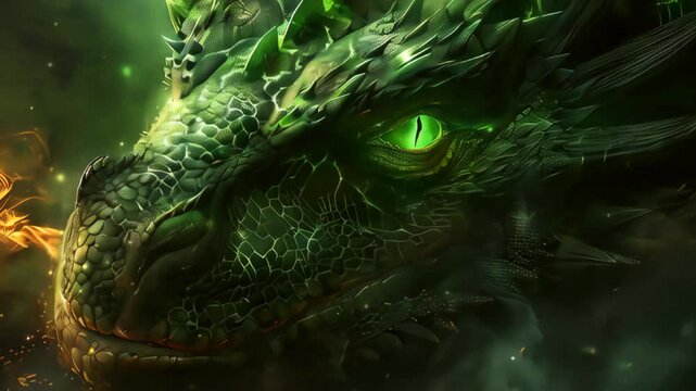 Fiery Dragon Head with Glowing Eyes and Green Scales