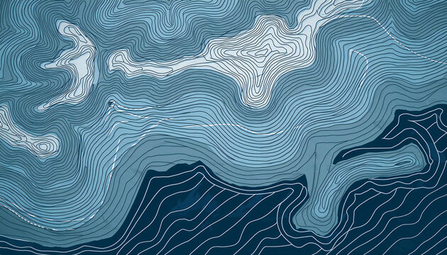 Stylized nautical chart with curvy isolines. Ocean bottom topographic line map.