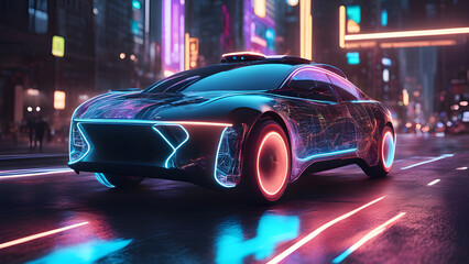 Fototapeta premium A self-driving car in the city with sensors and data streams to show AI at work.
