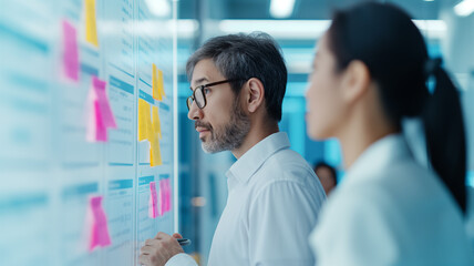 Two business professionals in a modern office analyze data and sticky notes on a glass board. The image highlights a collaborative and strategic planning session in a high-tech environment.
