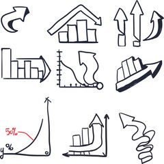 Set of icons on the theme of arrows and graphs of success and profit.