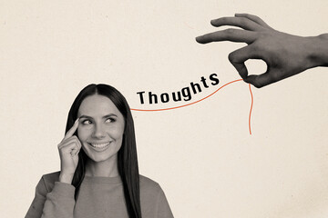 Composite artwork collage image picture of arm pull thoughts string mini girl head isolated on...