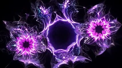 This Colorful abstract flowers bloom against a dark backdrop, showcasing vibrant hues.