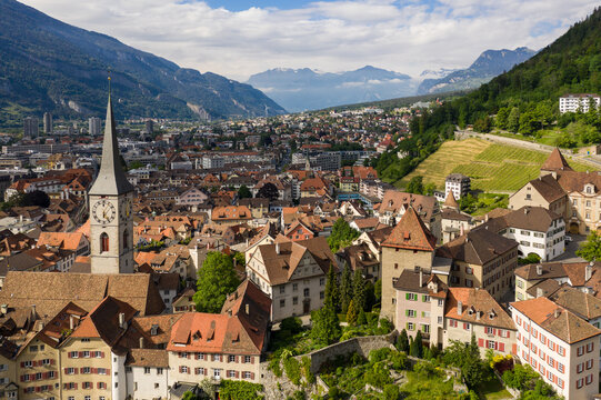 Chur, Switzerland: Aerial drone view of the Chur old town in Canton Graubunden in the alps in Switzerland. in summer