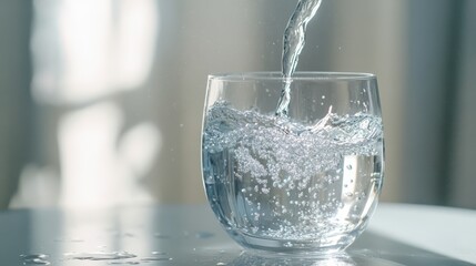 Clear Water Being Poured into Glass with blurred background