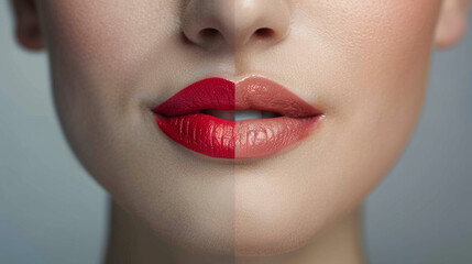Naklejka premium Close-up of a girl's lips with half-applied lipstick, capturing the contrast between the natural lip color and the lipstick
