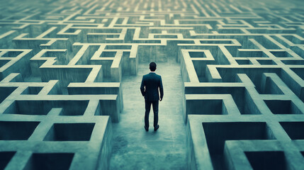 Confident businessman standing at the center of a maze pondering solutions to problems - navigating the complexities of business.