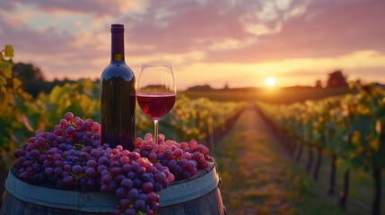 Fototapeta premium Sunset Vineyard with Wine Bottle and Glass with a blurred background