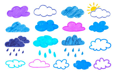 Obraz premium Vector illustration set of childlike drawings of clouds