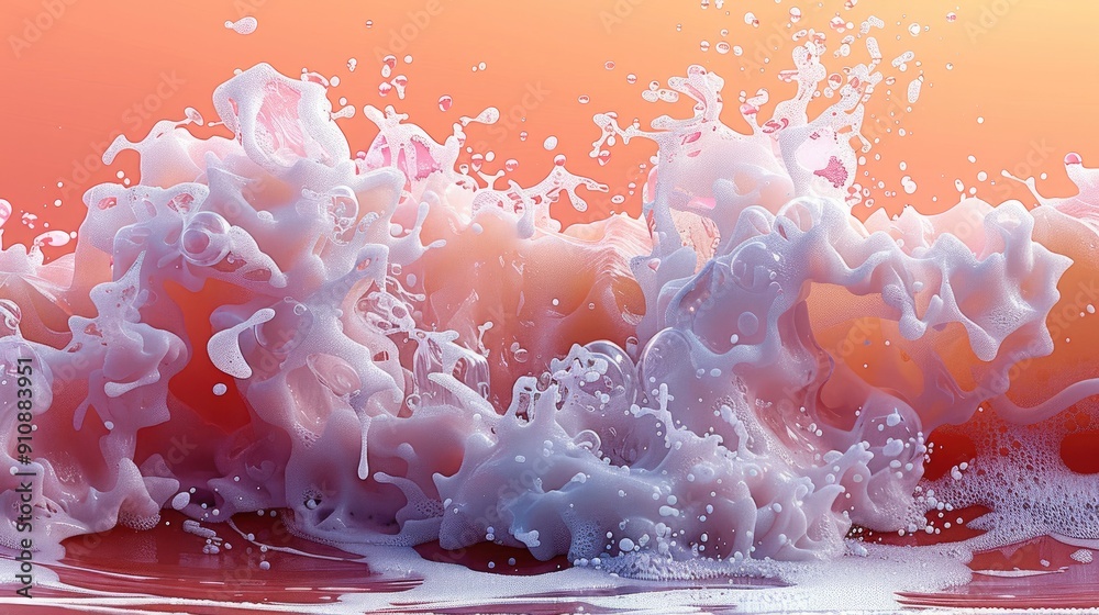 Poster A pink and orange wave with white foam splashing over the top of it. Generative AI.