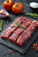 Fototapeta premium Sliced beef steak arranged on a black slate, garnished with onion, rosemary, and fresh vegetables ready for cooking