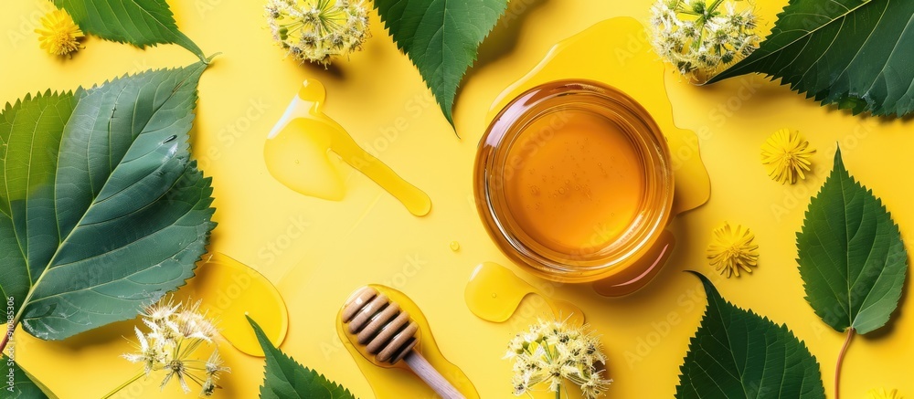 Aufkleber top view of linden honey with leaves flowers and copy space image on a colorful background