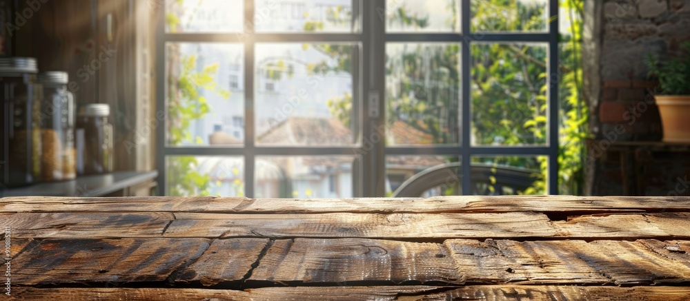 Fototapete table with a rough texture set up for product display against a blurred kitchen window backdrop prov