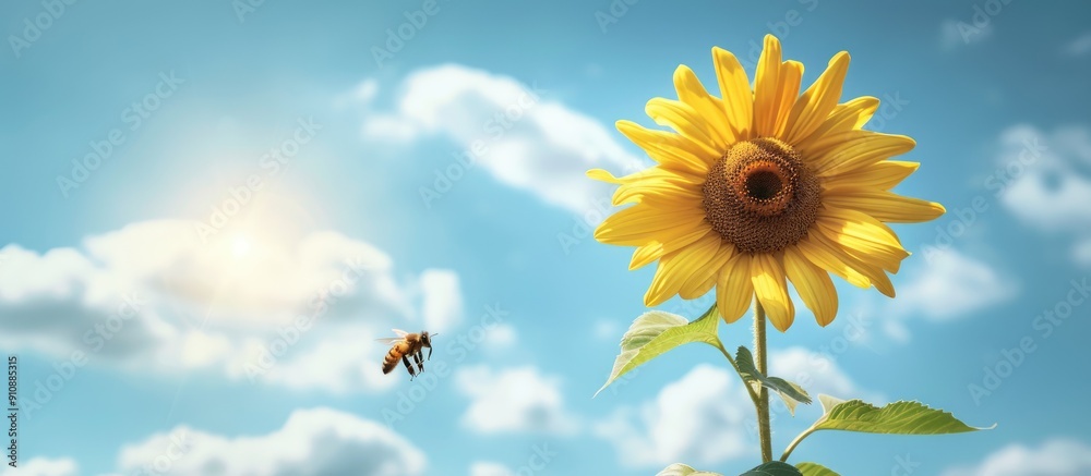 Aufkleber a lone sunflower is being visited by a honey bee against a backdrop of blue cloudy sky with selectiv