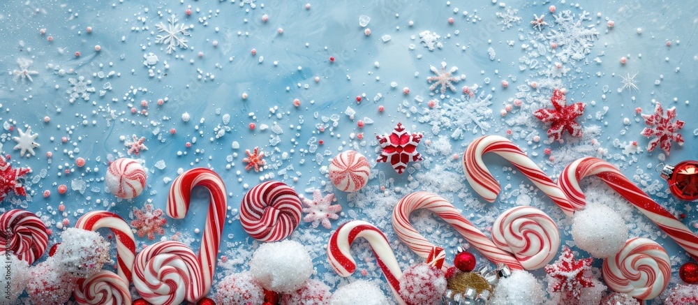 Aufkleber creative holiday concept with christmas candy arranged on snow in a flat lay style with copy space i