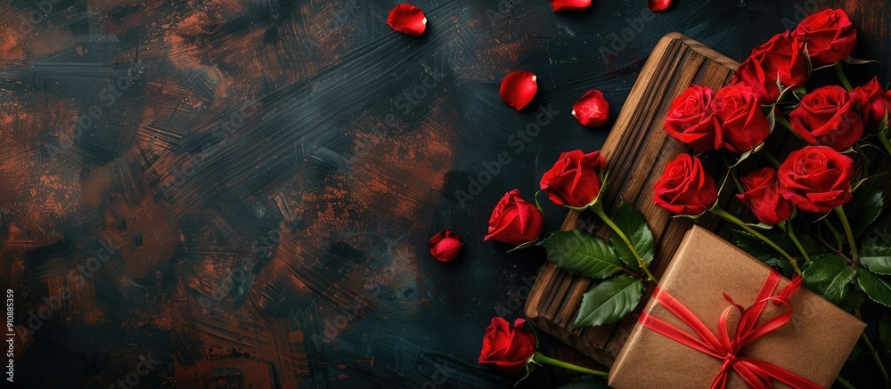 Poster valentine s day themed composition featuring a cluster of red roses a gift box and a wooden board wi