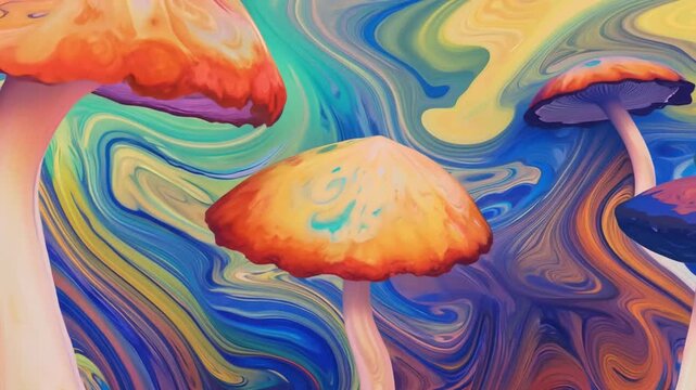 This Brightly colored mushrooms rise against a vivid, swirling backdrop.