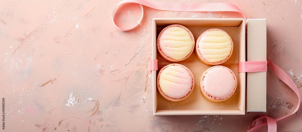 Aufkleber a row of pastel pink and yellow almond cookies in a gift box captured in a close up top view on a br