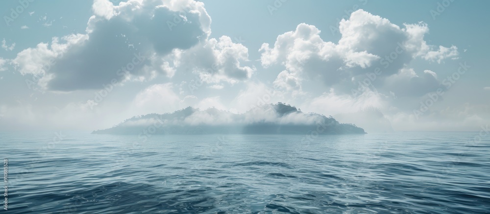 Aufkleber island covered in fog on the horizon over the sea with copy space image