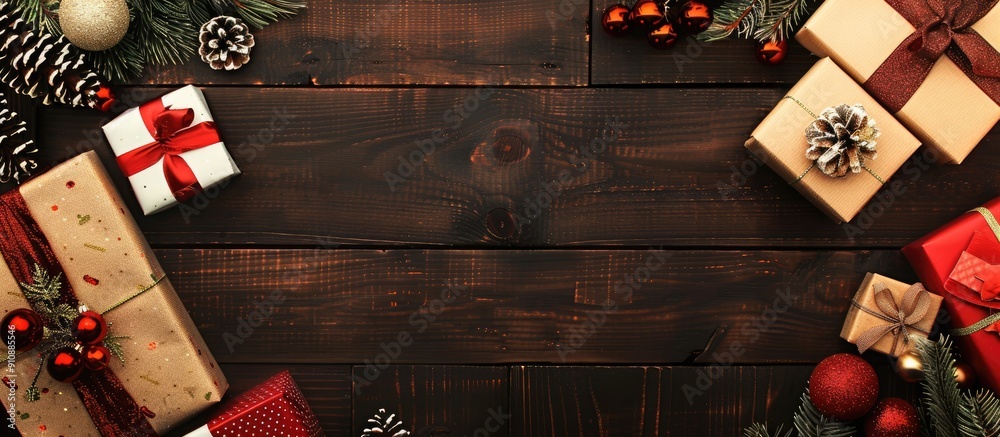Poster overview of christmas presents on a wooden backdrop with a space for inserting images. creative bann