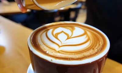 A barista skillfully pours steamed milk, creating stunning latte art in a warm coffee shop setting