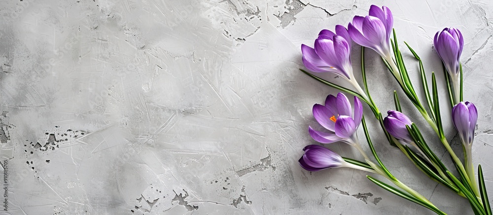 Poster a gray paper invitation card with purple crocus snowdrop flowers on a concrete background featuring 
