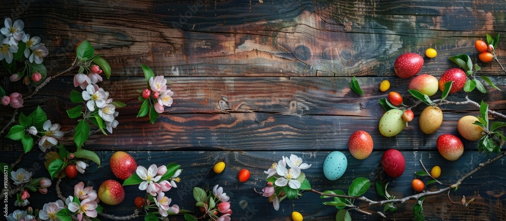 Poster Above view of a rustic wooden table adorned with blooming apple tree branches handmade colorful Easter eggs Wishing you a Happy Easter with a copy space image