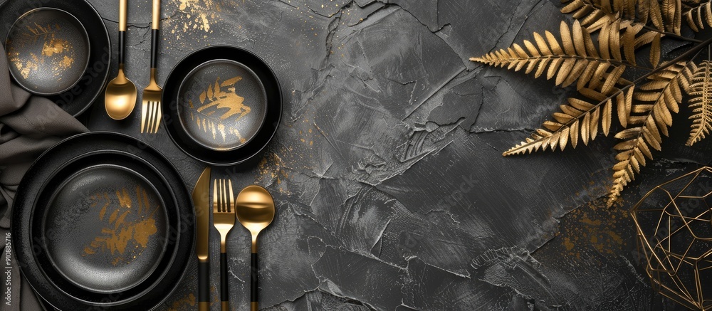Aufkleber sophisticated table arrangement featuring black dishes gold foliage and silverware against a backdro