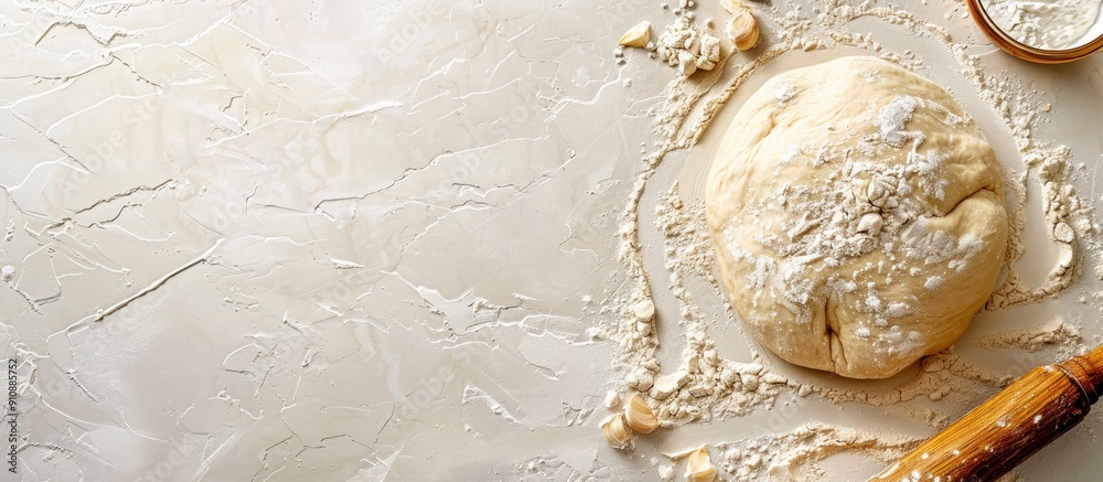 Poster raw dough with flour and rolling pin for a cooking menu concept against a food themed background wit