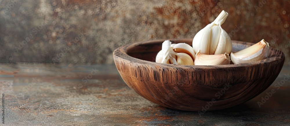 Poster wooden bowl with three garlic cloves with open area for copy space image