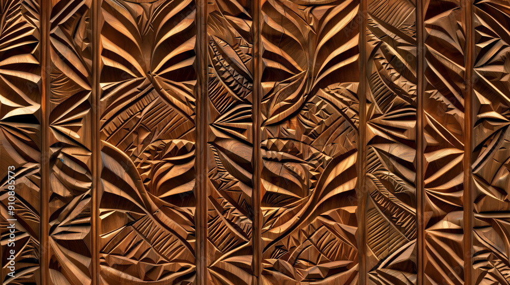 Poster exquisite wooden panel adorned with intricately carved abstract shapes and patterns, celebrating the