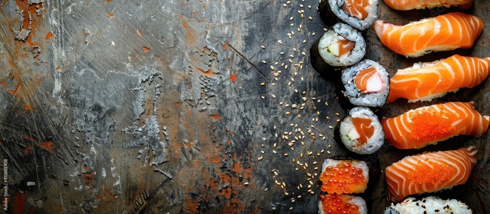 Poster top view of a variety of sushi rolls including salmon trout tuna tobiko caviar and nori on a rustic 