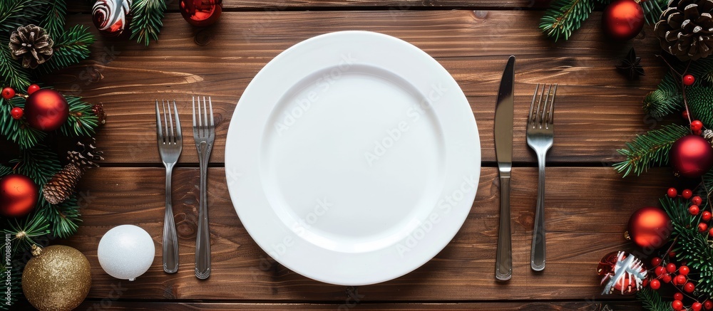 Poster festive table setting for christmas and new year holiday concept on a wooden background with an empt