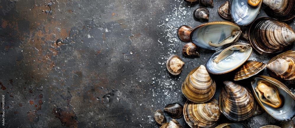 Poster Mussels and clams arranged on textured background with copy space image for text