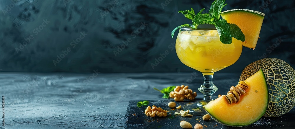 Poster a yellow melon and a fruity drink garnished with mint and nuts on a black backdrop perfect for summe