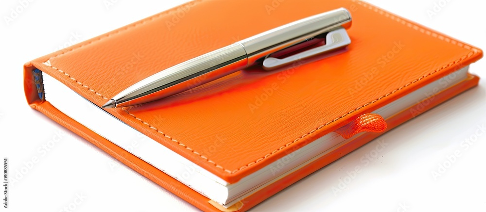 Poster an orange notebook diary and pen displayed on a white background with copy space image