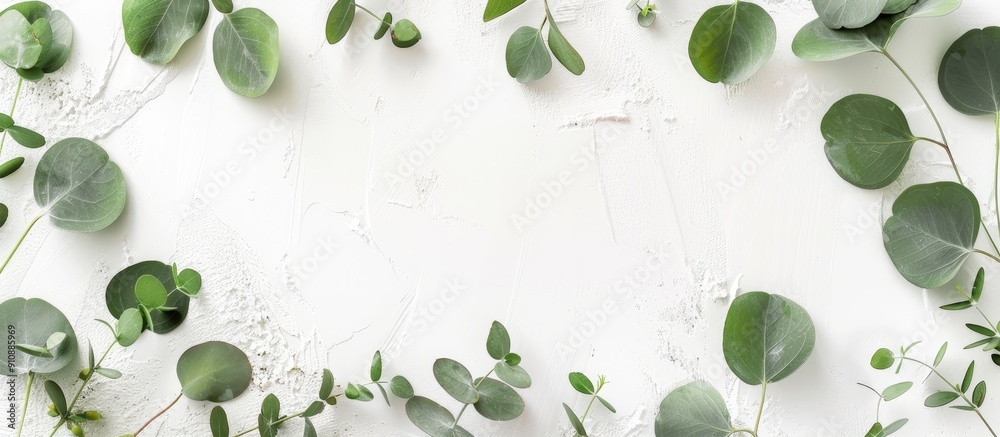 Aufkleber top view of white surface with eucalyptus leaves ideal for copy space image
