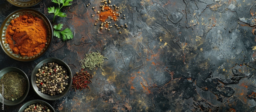 Poster indian spices and herbs on a stone surface with copy space image available