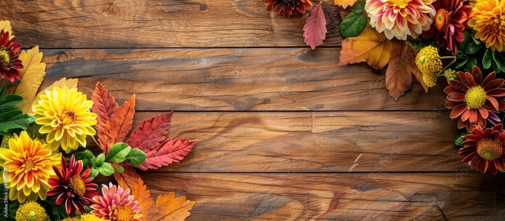 Poster top view of garden flowers on wooden board in autumn setting with copy space image