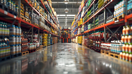 Retail warehouse full of shelves with goods in cartons, with pallets and forklifts. Logistics and transportation blurred background. Product distribution center.