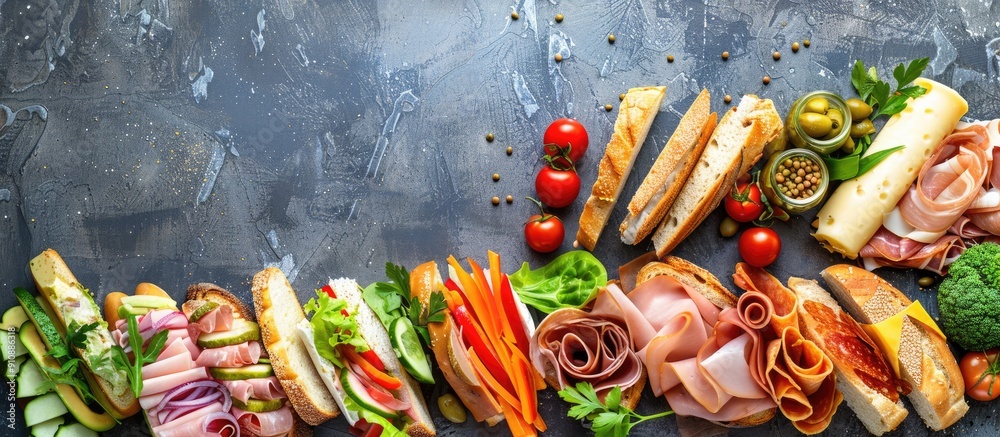 Aufkleber Various sandwiches with diverse ingredients like meats cheese and vegetables displayed on a stone background from a top view allowing for copy space image