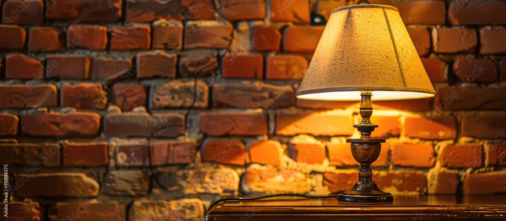 Aufkleber Interior setting featuring an old lamp with a lampshade on a table set against a red brick wall background creating a suitable copy space image