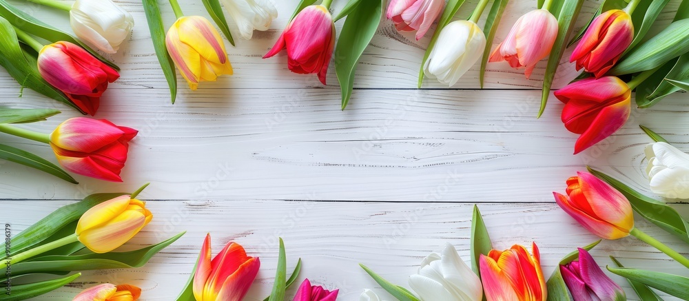 Poster spring themed holiday background featuring a colorful tulip frame on a white wooden surface suitable