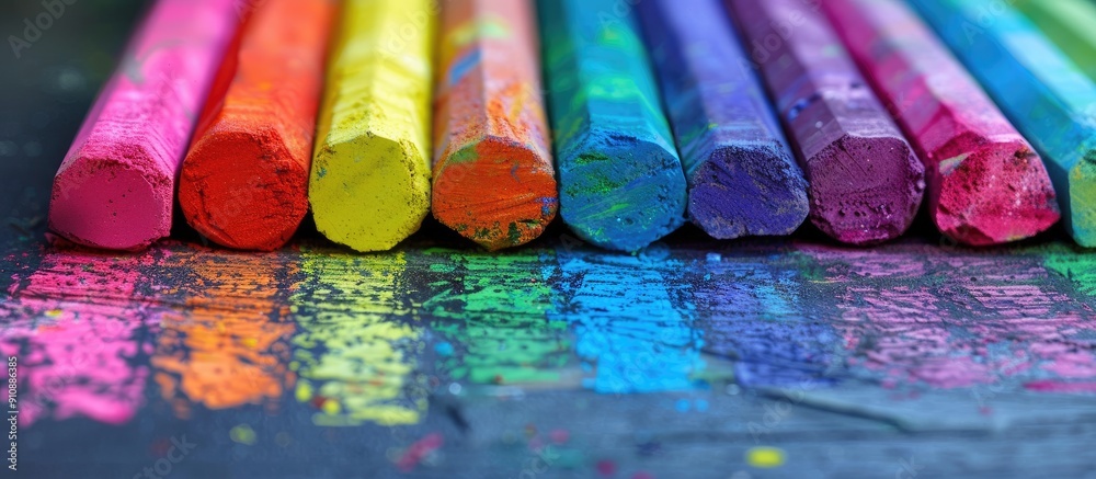 Poster vibrant rainbow colored chalk sticks displayed in a close up copy space image suitable for preschool